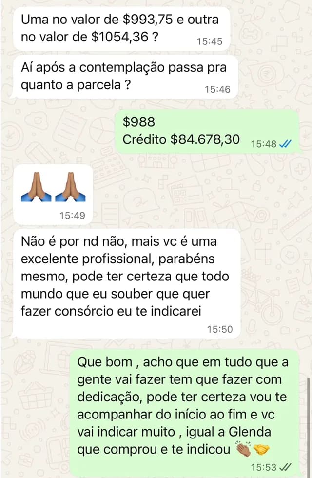Depoimento de cliente no WhatsApp: excelente profissional, vou indicar todo mundo que quiser fazer consórcio